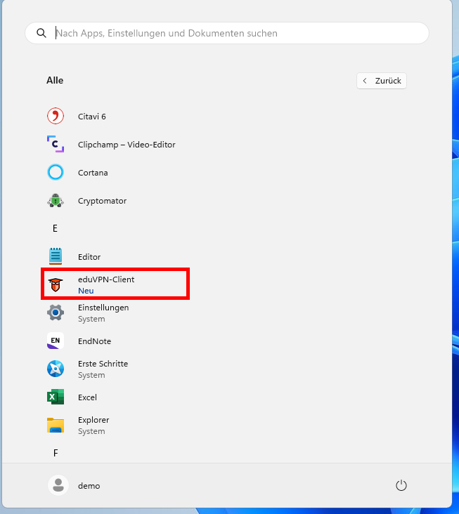 Eduvpn im Startmenü